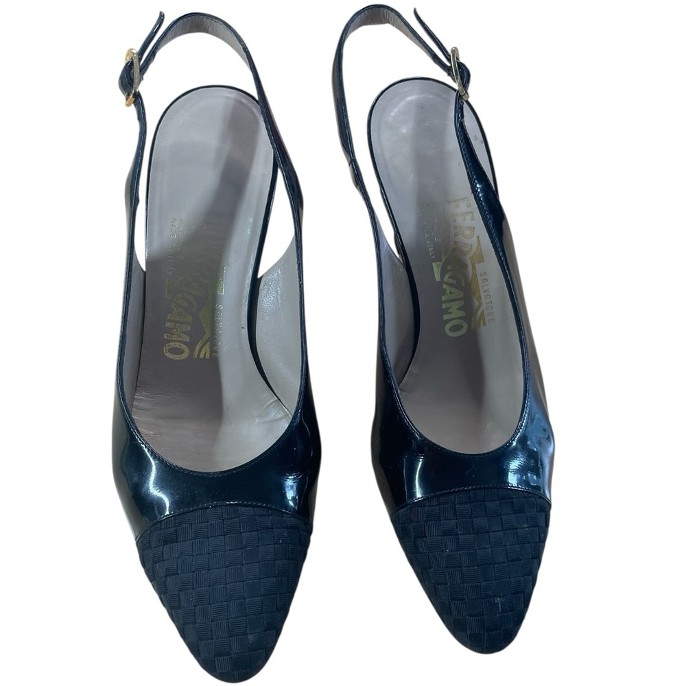 Salvatore Ferragamo Black Patent Leather Slingback Woven Toebox Heels Size 8